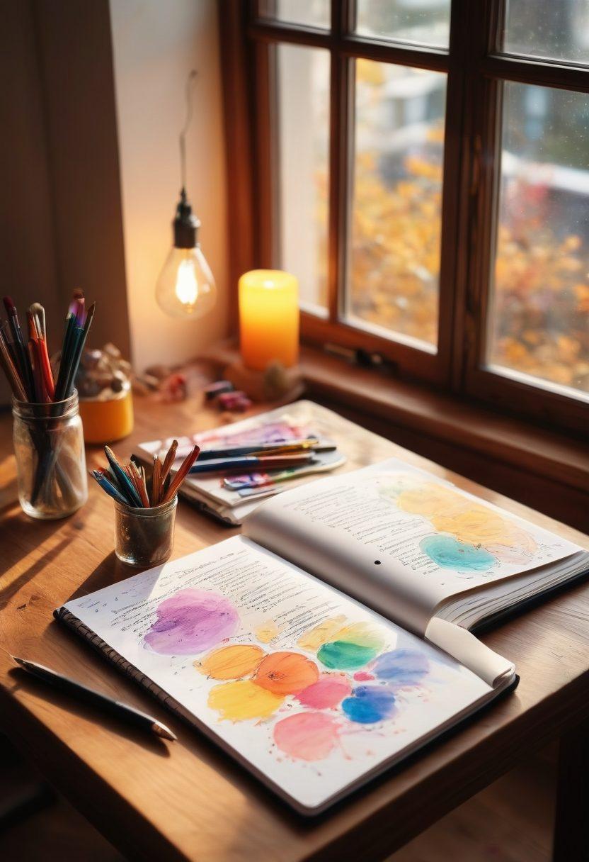 A vibrant digital diary open on a wooden desk, displaying colorful sketches, doodles, and handwritten notes symbolizing creativity. Surrounding the diary, artistic tools like brushes, pens, and paints imply the crafting process. Soft light cascades in from a nearby window, creating a warm and inviting atmosphere. A few chaotic thought bubbles float above, filled with inspiring ideas. super-realistic. vibrant colors. warm lighting.
