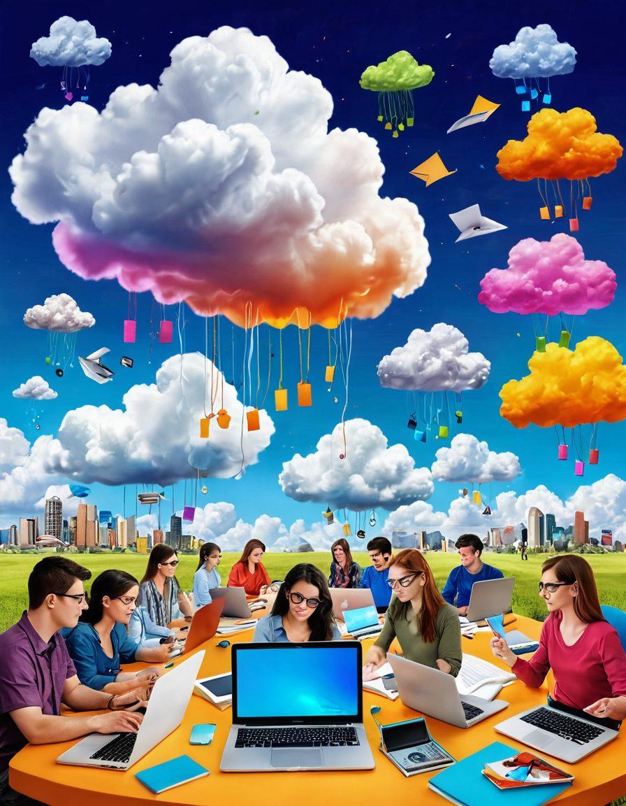 A vibrant digital landscape depicting diverse bloggers engaging with their online journals, each representing different styles and themes. The scene includes an array of laptops and writing tools, surrounded by billowing clouds of creative ideas and colorful blog posts floating in the air. The atmosphere is energetic, illustrating collaboration and inspiration among the bloggers. super-realistic. vibrant colors. digital art.