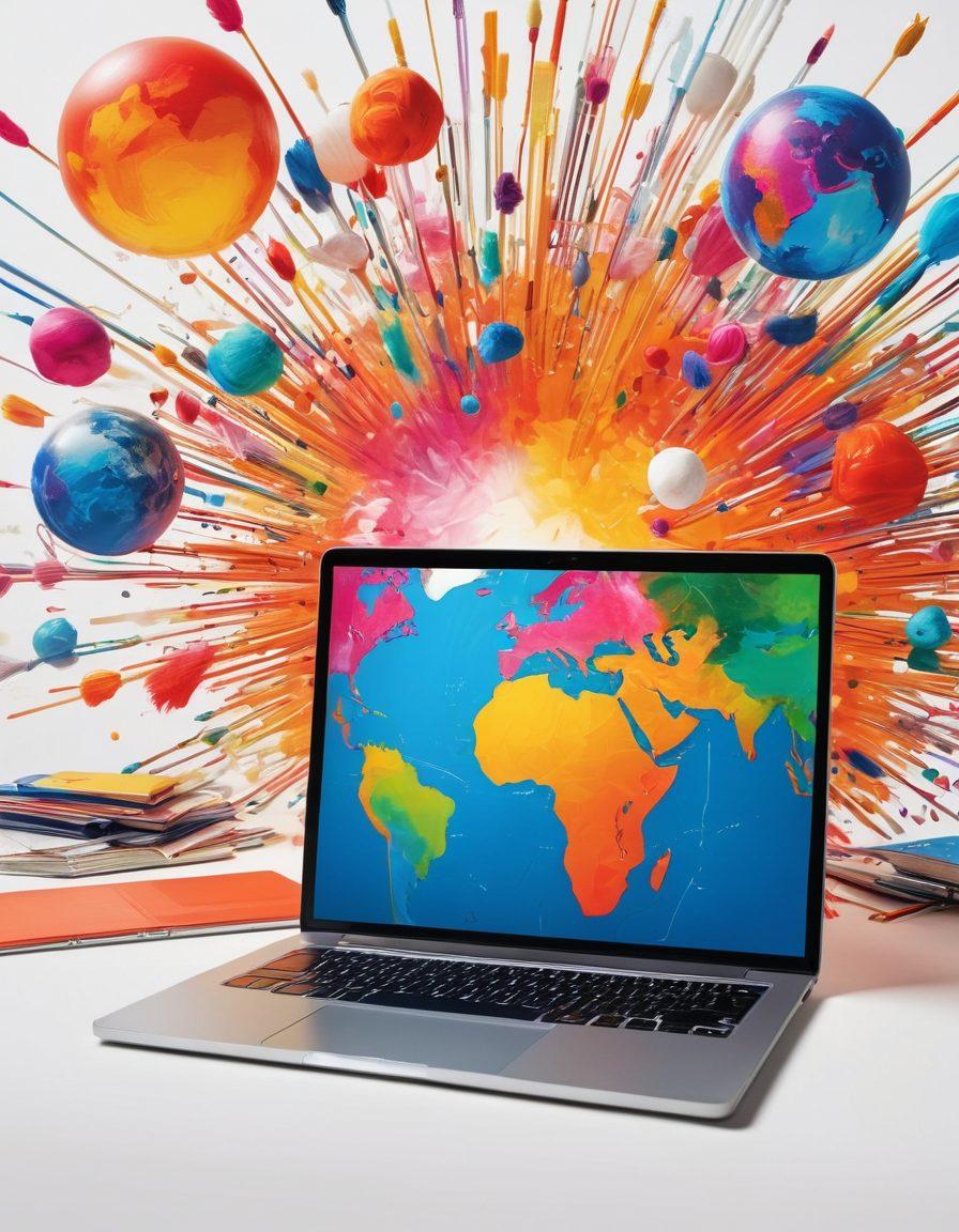 A vibrant, colorful representation of a digital journal transforming into a lively community hub. Show individuals engaging with laptops and tablets, sharing ideas and inspiration, surrounded by motifs of creativity like paintbrushes and notes. Include a central, glowing globe symbolizing global connections and impact. Use a blend of 3D elements and bold, inviting colors. super-realistic. vibrant colors. white background.